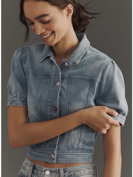 Maeve Jackets & Blazers - Maeve Light Blue Puff-Sleeve Denim Jacket